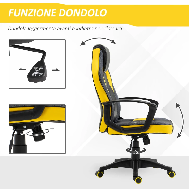 Vinsetto Sedia Gaming Ergonomica, Poltrona da Ufficio Girevole con Rotelle in Similpelle Nera e Gialla, Altezza Regolabile
