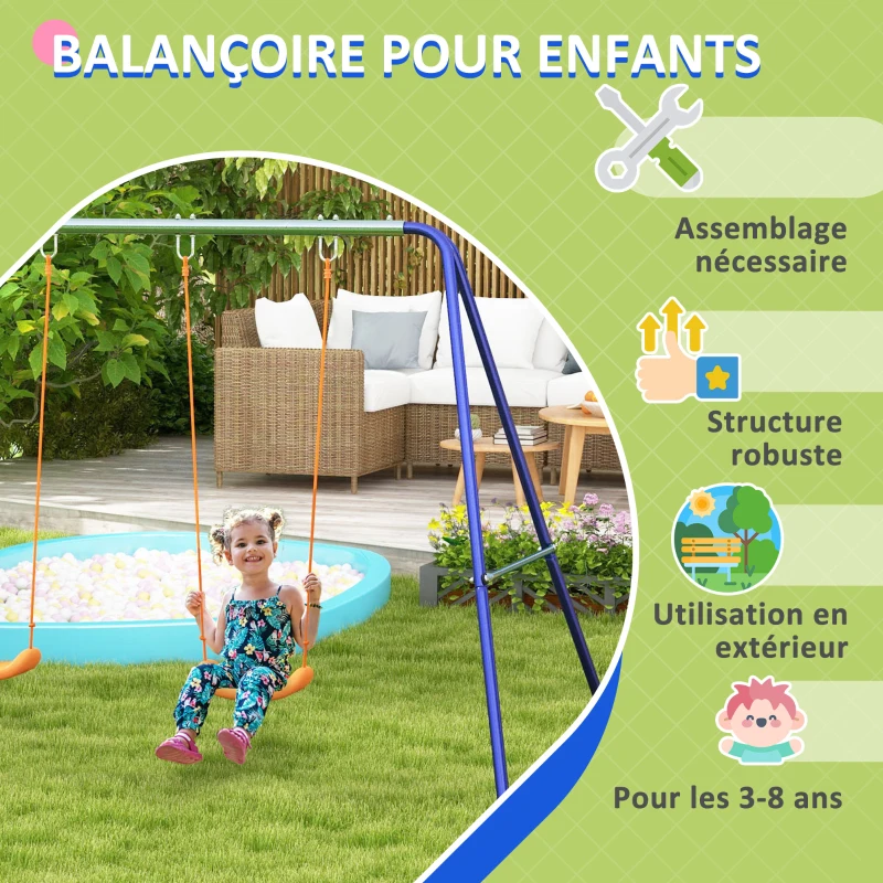 Outsunny Balançoire portique balançoire pour enfants avec 2 siège de balançoire structure en métal charge max. 90 kg multicolore