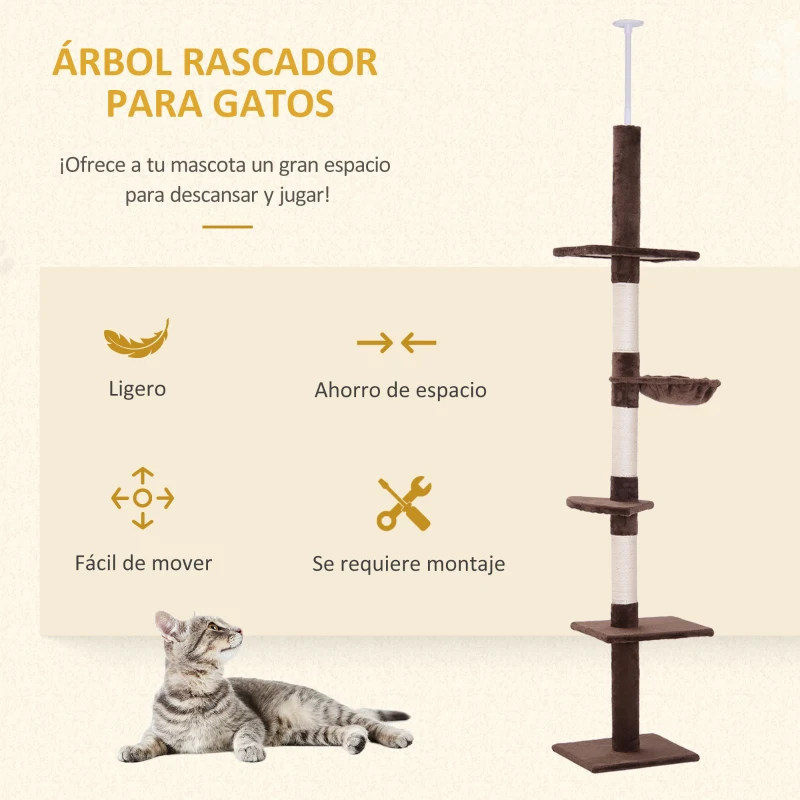 PawHut Árbol para Gatos de Suelo a Techo de 230-260 cm con Altura Ajustable Plataformas Hamaca y Postes de Sisal Marrón