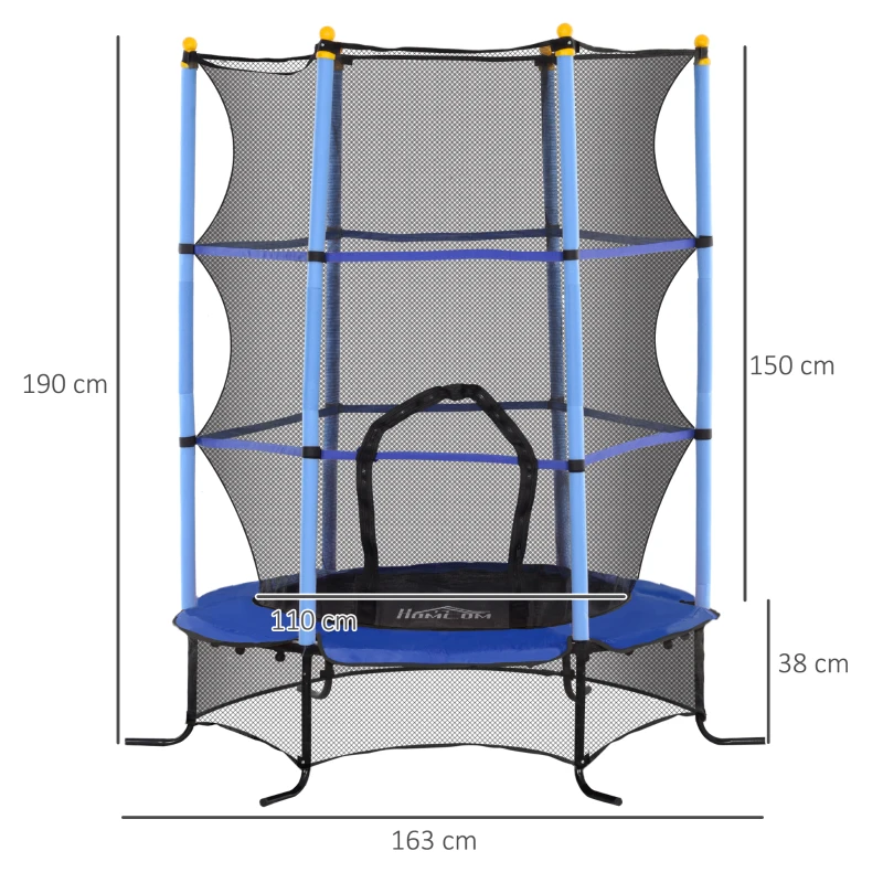 HOMCOM Trampolino Elastico per Bambini Ø1.6x1.9 m con Rete di Sicurezza e Pali Imbottiti, Età 3-10 Anni, Blu