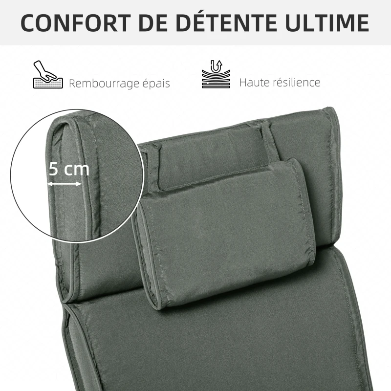Outsunny Coussin bain de soleil coussin chaise longue matelas transat déhoussable avec zippé, tétière, cordons d'attache, MATELAS UNIQUEMENT, 198 x 53 x 5 cm, gris