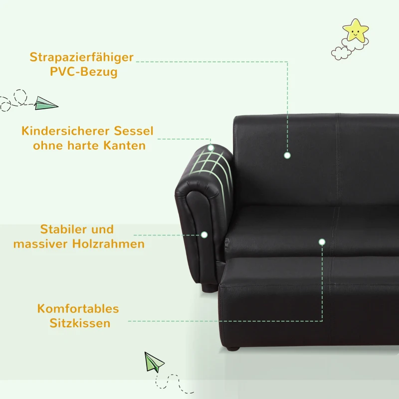 HOMCOM Kindersessel mit Fußhocker, Kindercouch mit Hocker, Kindersofa, Sofa Sessel, Schwarz, 83 x 42 x 41 cm