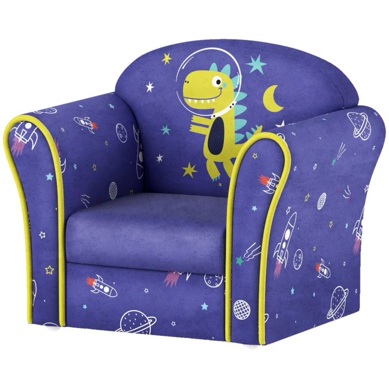 AIYAPLAY Kids Armchair with Planet Dinosaurs Design, Wooden Frame, for Bedroom, Playroom, Kids Room - Blue