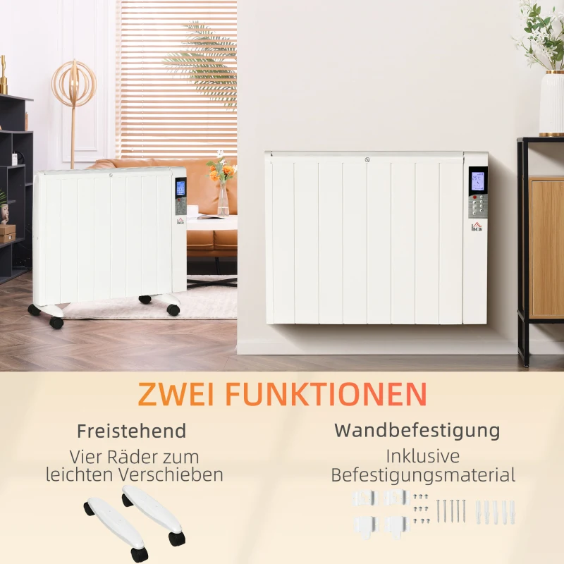 HOMCOM Elektroheizung mit Rollen, 9 vorinstallierte Modi, Wandmontage möglich, 5-35° C, weiß, 75 x 7,5 x 58,5 cm