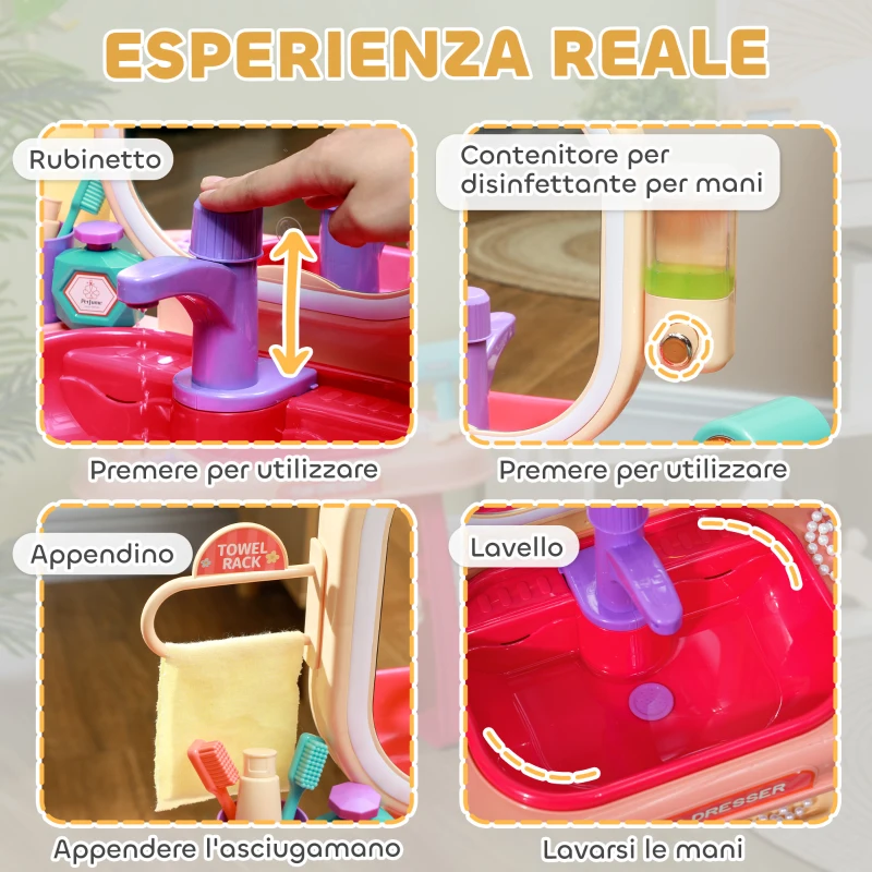 AIYAPLAY Tavolo Toeletta per Bambine 3-6 Anni con Specchio in Acrilico e Rubinetto, in PP e GPPS, 55x29x71 cm, Rosa