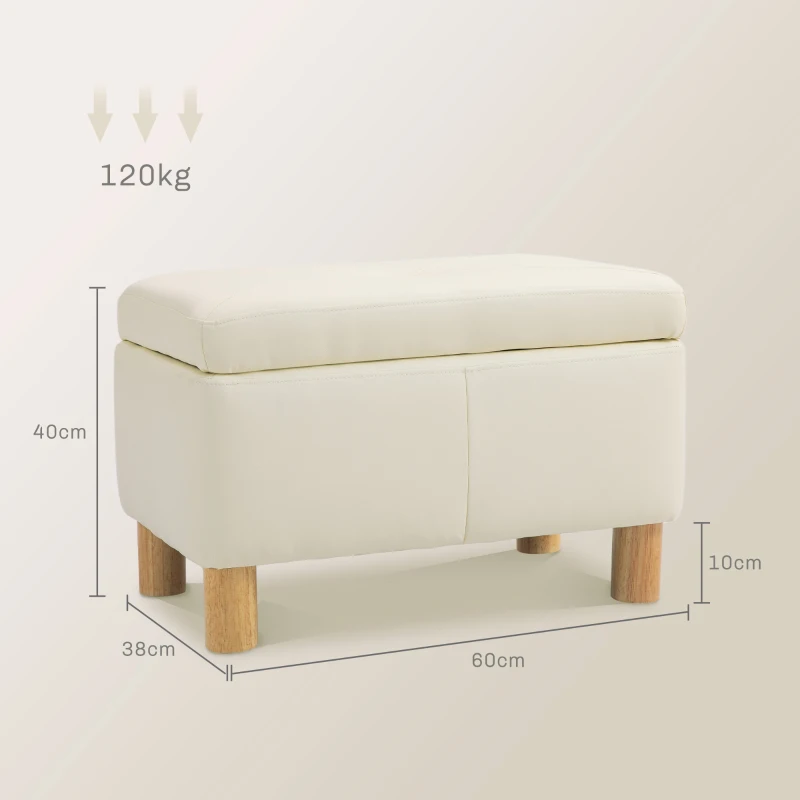 HOMCOM Baúl de Almacenaje para Dormitorio 33L Tapizado en PU Banco de Almacenaje con Patas de Madera 60x38x40 cm Crema(m-3)