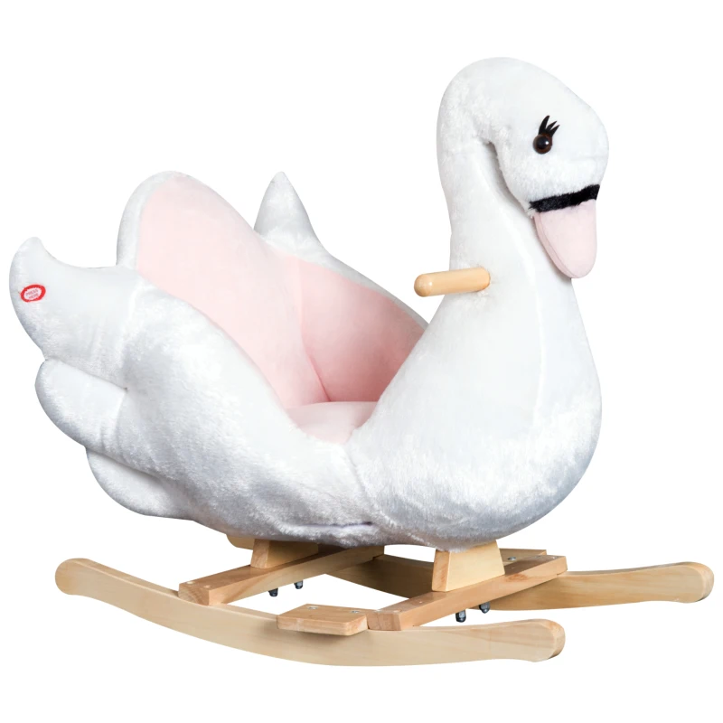 HOMCOM Cavallo a Dondolo a Forma di Cigno con Musica, Cavalluccio a Dondolo con Struttura in Metallo e Legno, Rivestimento Peluche, 60x32x55cm, Bianco