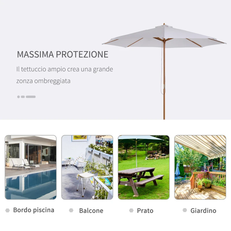 Outsunny Ombrellone da Giardino 3x2.5 m con Palo in Legno a 8 Stecche, in Bambù, Legno e Poliestere, Bianco