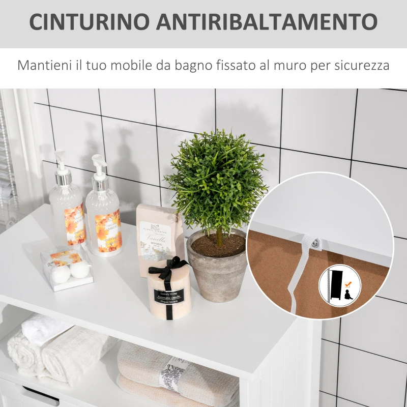 kleankin Mobile Bagno Multiuso Salvaspazio, Armadietto da Bagno con Armadietto 2 Ante, Mensola e 2 Cassetti Regolabili, 60x30x108.8cm, Bianco
