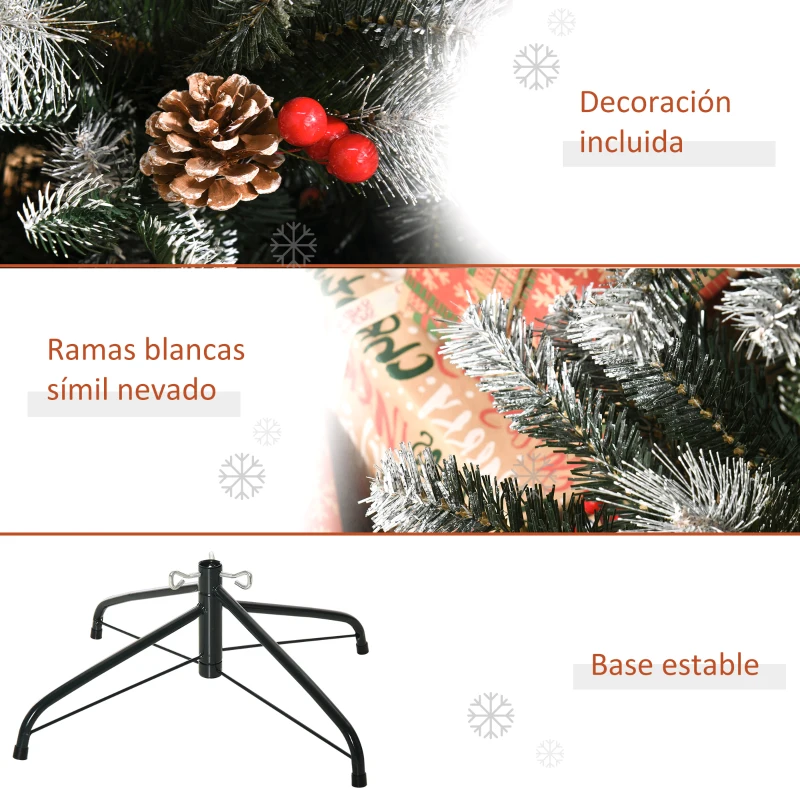 HOMCOM Árbol de Navidad Artificial 180 cm con 678 Ramas 53 Piñas y 53 Bayas Decoración Navideña para Interiores Verde