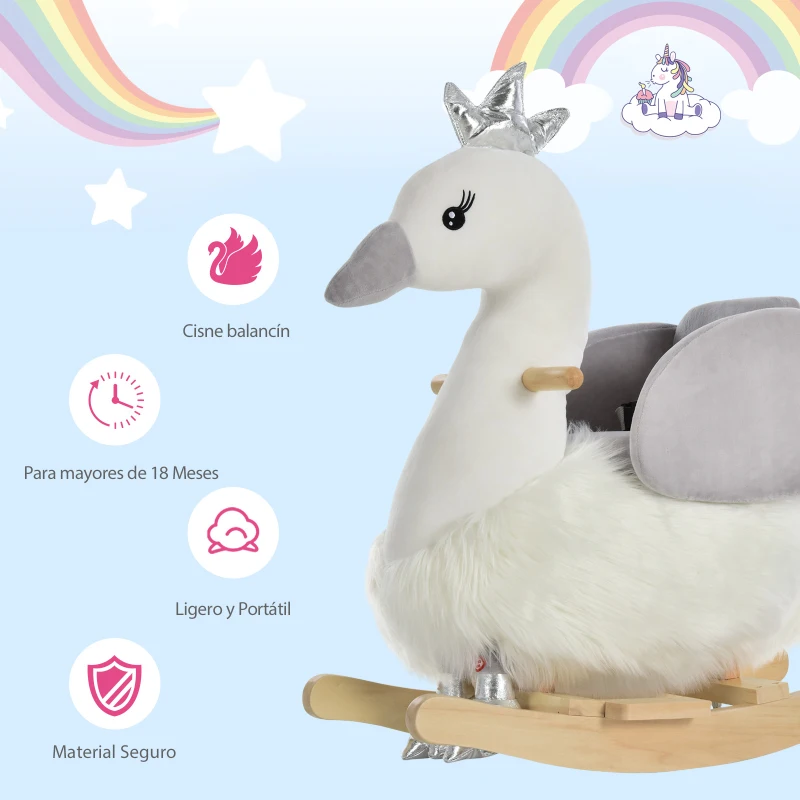 HOMCOM Balancín Infantil en Forma de Cisne de Felpa para Bebés 18-36 Meses con Sonido y Cinturón 60x33x59 cm Gris y Blanco