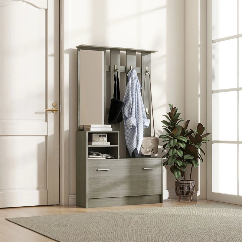 HOMCOM Set Mobili da Ingresso con Appendiabiti, Specchio, Panca con Scaffale e Scarpiera per 8 Paia di Scarpe, Grigio