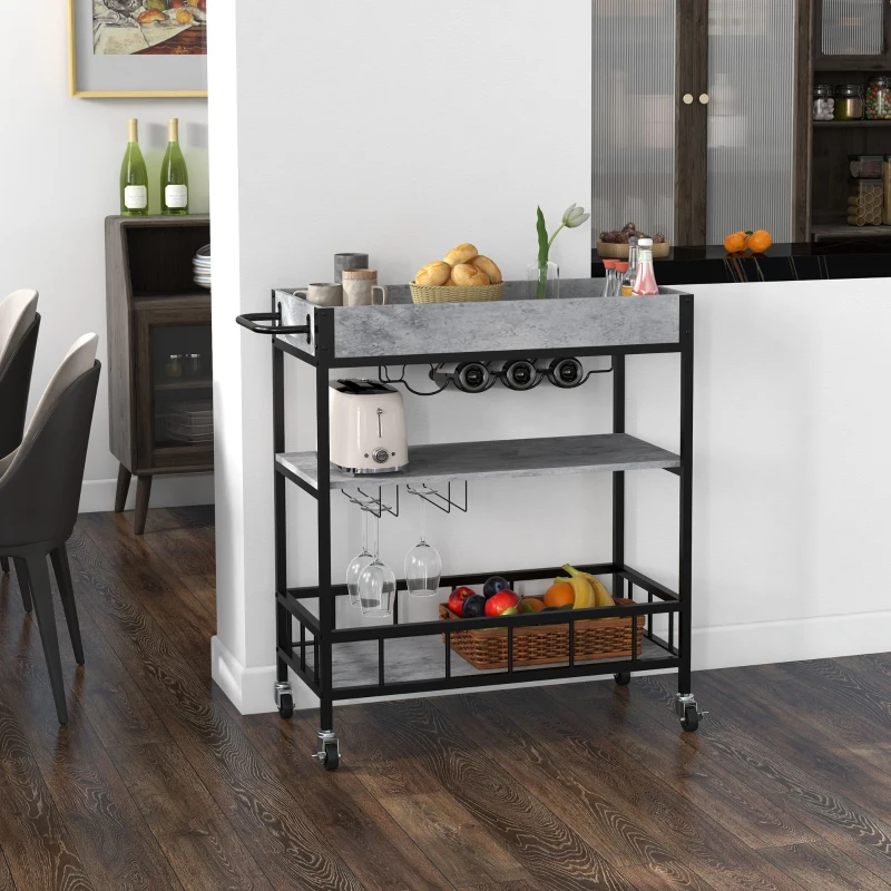 HOMCOM 3-Tier Kitchen Cart, Kitchen Island with Storage Shelves, Removable Tray, Wine Racks, Glass Holders, Faux Marbled Grey