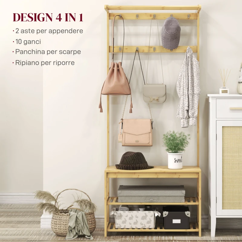 HOMCOM Mobile Appendiabiti 3 in 1 in Bambù con 10 Ganci, 2 Aste e Panca Scarpiera, 70x31x170 cm, Marrone