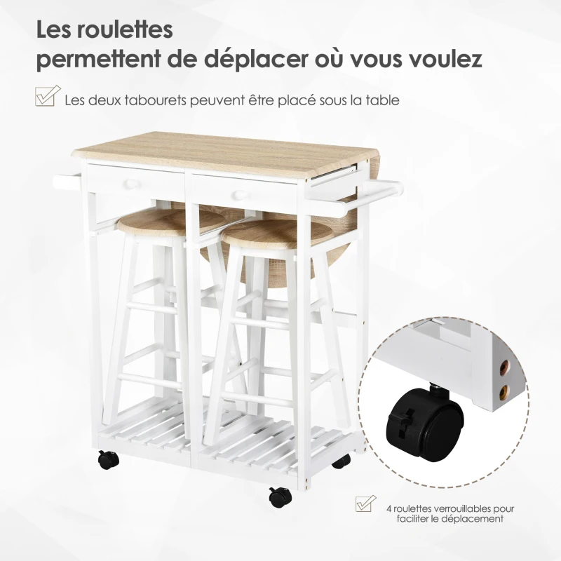 HOMCOM Ensemble Table de Bar Pliable sur roulettes avec étagère et 2 tiroirs + 2 tabourets Bois pin MDF Blanc chêne Clair