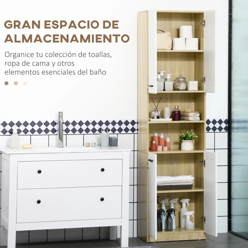 kleankin Armario Alto de Baño con 4 Puertas 2 Estantes Abiertos y Estantes Ajustables 53x33,5x195,7 cm Blanco y Roble