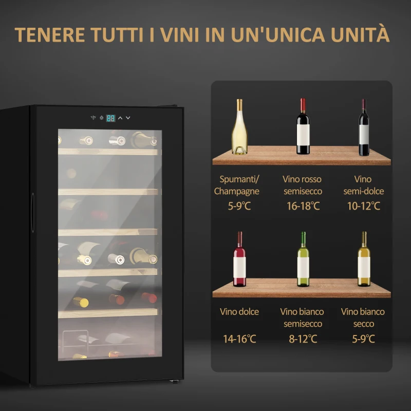 HOMCOM Cantinetta Vino Frigo per 24 Bottiglie, Capacità 65L, Controllo Temperatura e Ripiani Estraibili, Nero