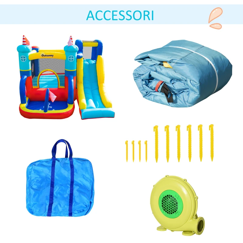Outsunny Castello Gonfiabile 4 in 1 Bimbi 3-8 Anni, Scivolo e Piscina, 265x260x200cm