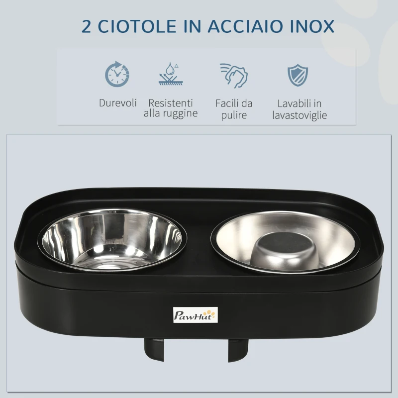 PawHut Set di Ciotole Rialzate per Cani in acciaio con Altezza Regolabile su 4 Livelli, Nero