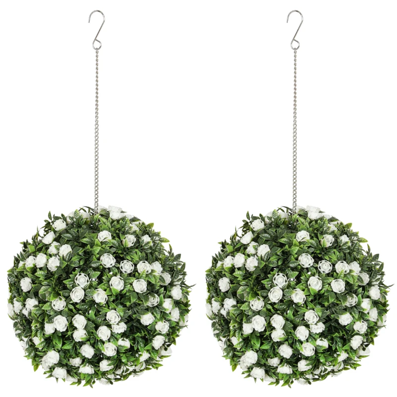 HOMCOM Set of 2 Decorative Artificial Plants, UV-protected Artificial Plant Topiary Rose Balls, Fake Plants for Home Indoor outdoor Decor, 28cm, White