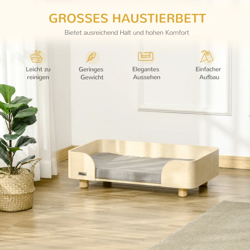 Pawhut Haustiersofa Hundematte Katzensofa Hundecouch Hundebett mit Kissen Indoor modernes Sofa für kleine und mittelgroße Hundesofa Kiefernholz Natur+Hellgrau 75,5 x 45,7 x 21 cm