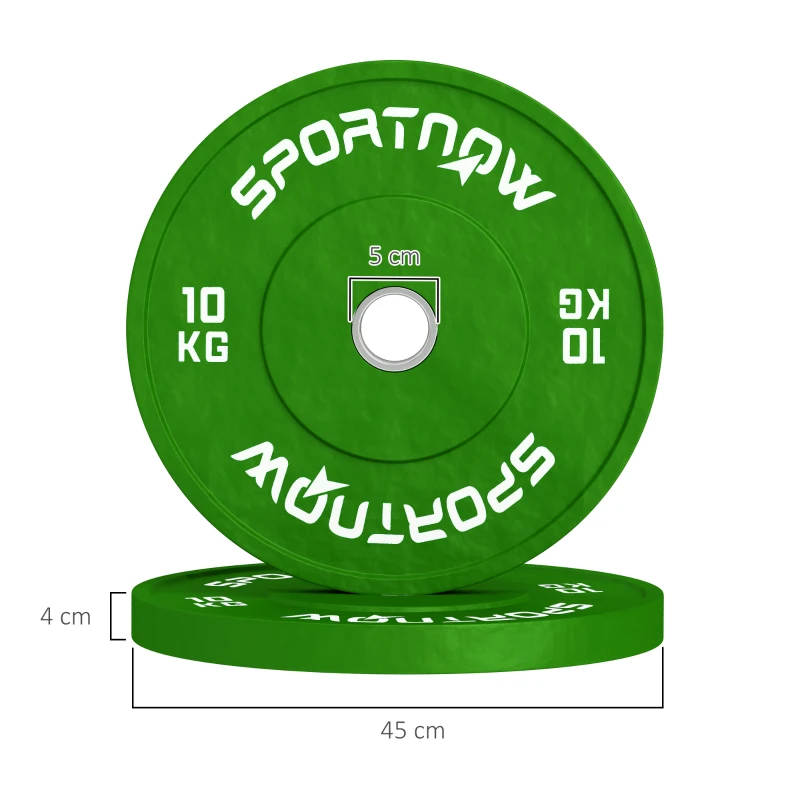 SPORTNOW Set 2 Dischi Pesi da 10kg in Gomma con Foro da 2"/5 cm per Manubri e Bilancieri, Verde