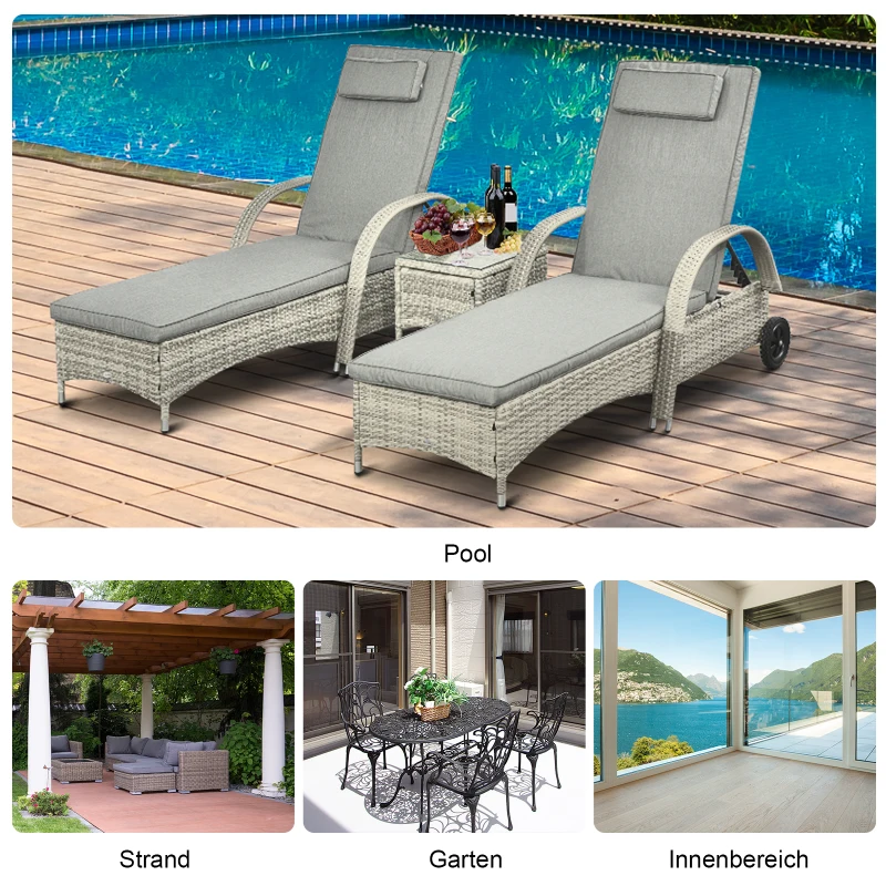 Outsunny Sonnenliege Gartenliege Tisch 3er-Set Gartenmöbel, Polyrattan+Metall Grau