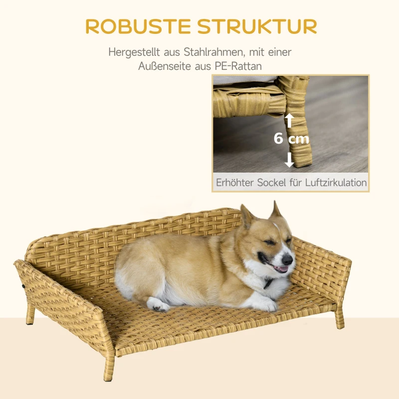 PawHut Rattan Hundesofa Hundekorb Hundebett mit Kissen Katzenbett Katzensofa Geflochtenes Haustiersofa für kleine und mittelgroße Hunde erhöhtes Design wetterbeständig Gelb 84 x 53 x 25 cm