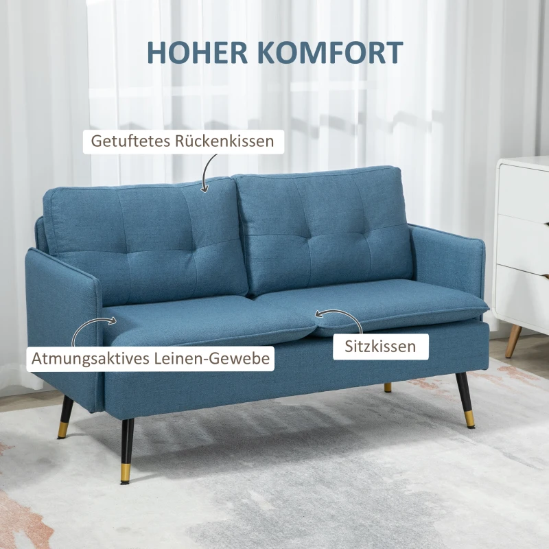 HOMCOM 2er-Sofa im Retrodesign, mit Knopfheftung, Sofa, Leinenoptik, Dunkelblau