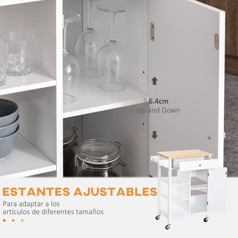 HOMCOM Carrito de Cocina Carro Auxiliar con Ruedas 1 Cajón 1 Armario 3 Estantes Abiertos de Almacenamiento para Comedor 66x39,5x86,5 cm Blanco