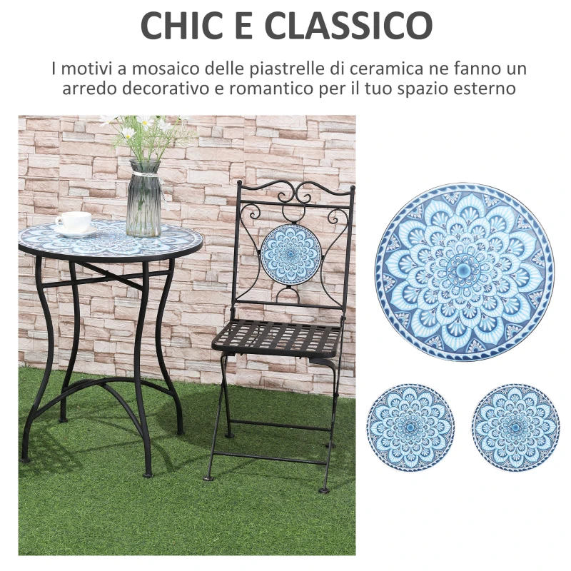 Outsunny Set da Giardino 3 Pezzi, Tavolino e 2 Sedie Pieghevoli con Mosaico, Blu
