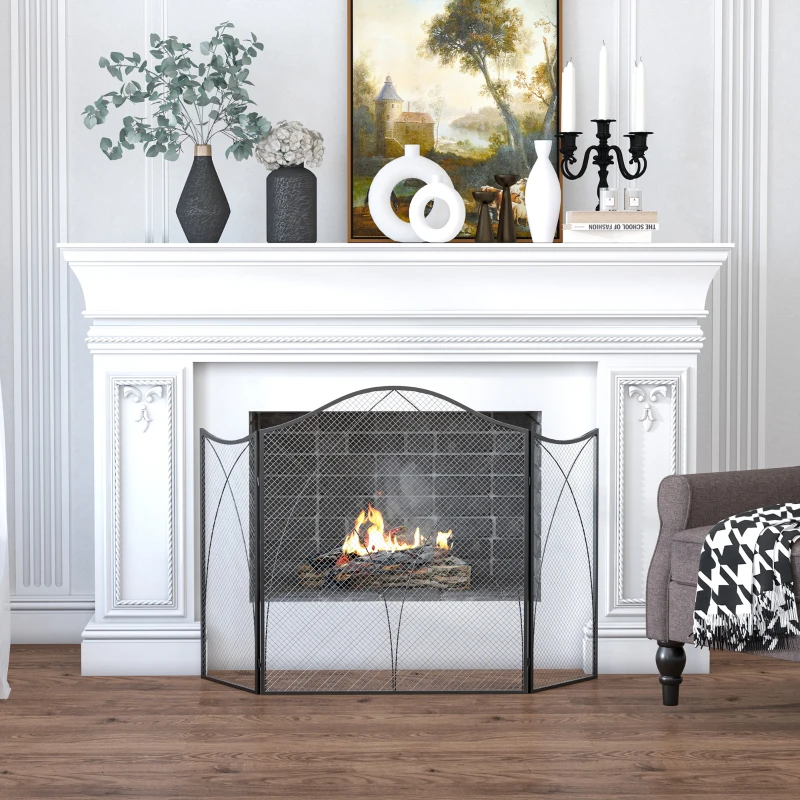 HOMCOM Parascintille Camino a 3 Parti Pieghevole in Metallo, 108x24x76 cm, Nero