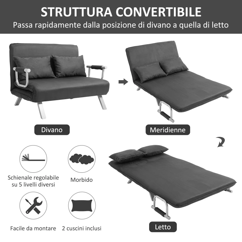 HOMCOM Divano Letto 2 Posti in Similpelle e Acciaio con Seduta Regolabile in 5 Posizioni, 105x80x78 cm, Grigio