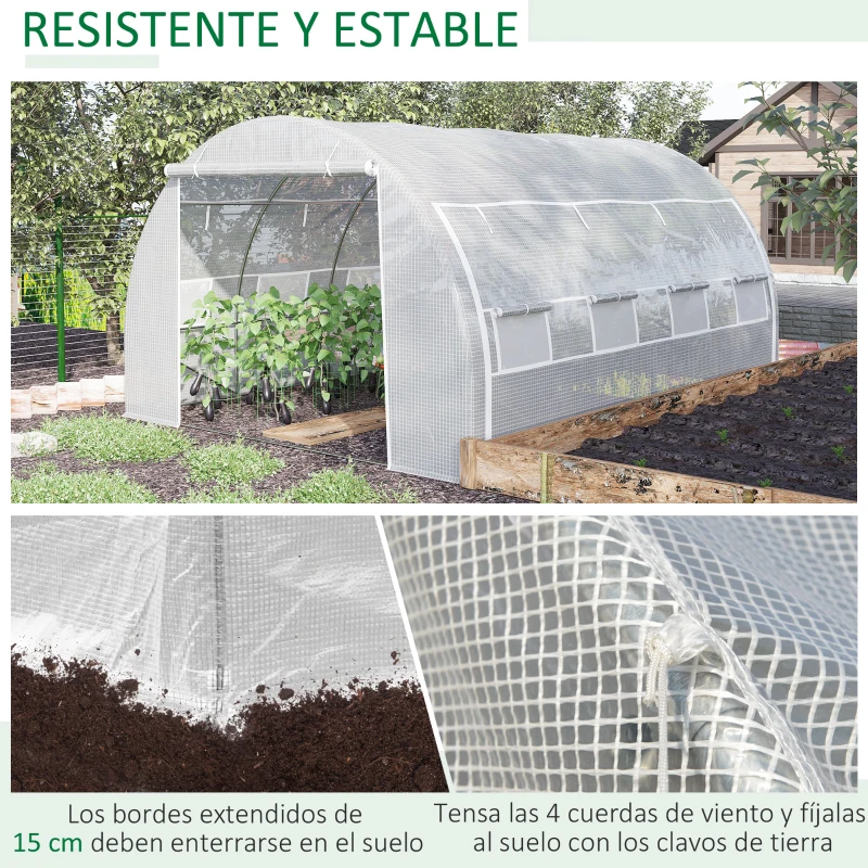 Outsunny Invernadero de Túnel Invernadero de Jardín 4x3x2 m con Puerta y 8 Ventanas Enrollables para Cultivos Plantas Blanco