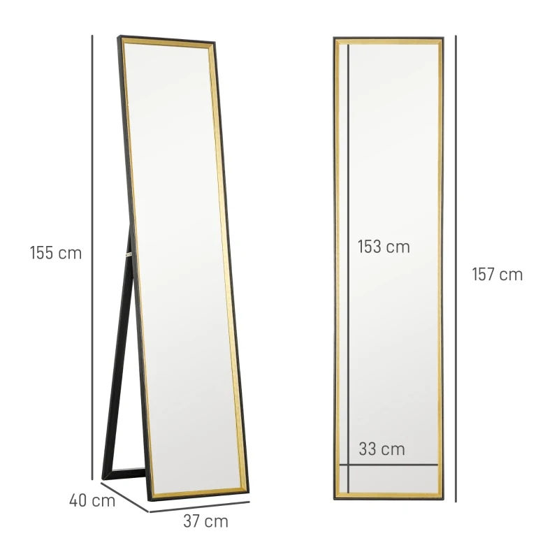 HOMCOM Specchio a Figura Intera con Supporto Posteriore e Cornice, in Legno e Vetro, 37x3x157 cm, Nero e Oro