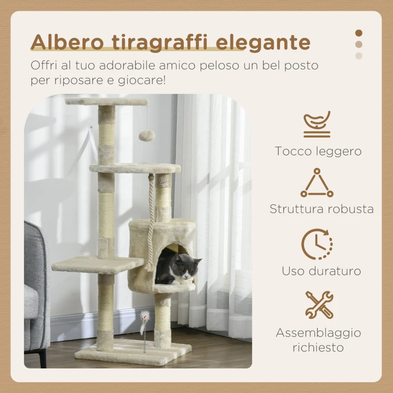 PawHut Albero Tiragraffi per Gatti con Cassetta, Pallina, Corda per Gioco e Relax, 40x40x116 cm, Beige