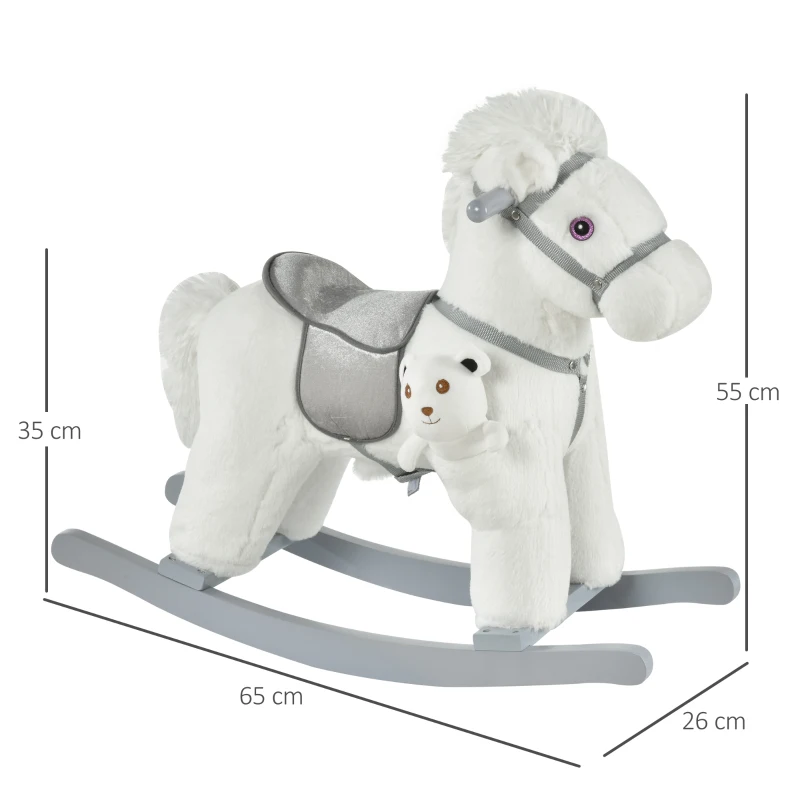 HOMCOM Cheval à bascule bébé de 18 à 36 mois en bois avec effet sonore ours en peluche gratuit 65 x 26 x 55 cm blanc