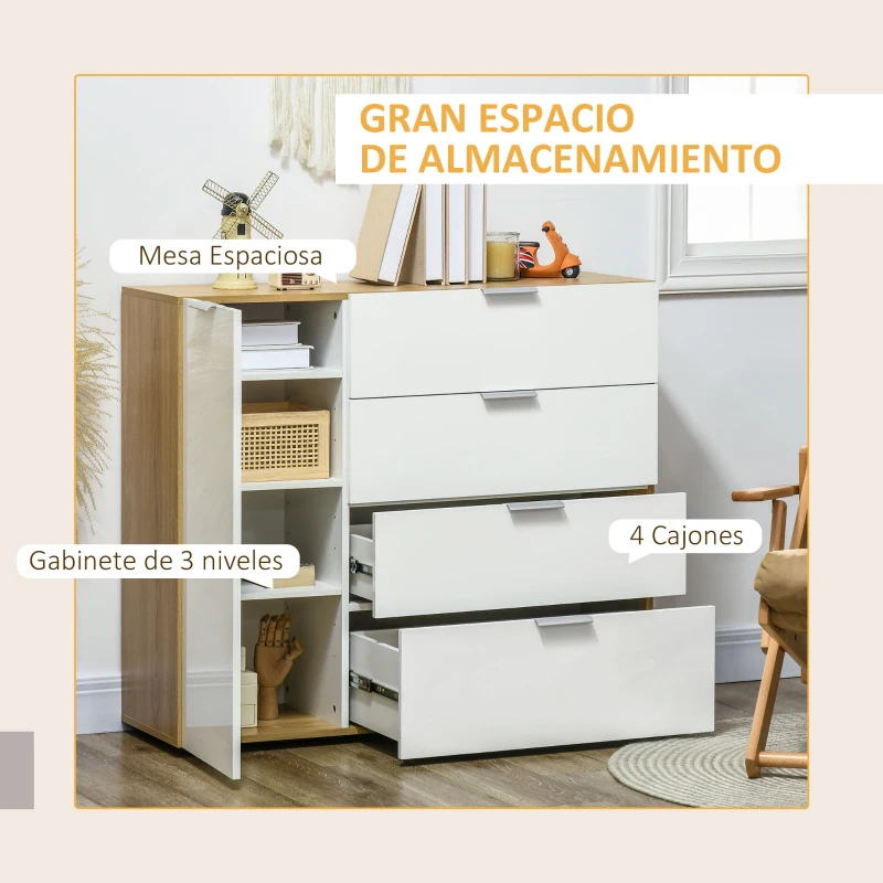 HOMCOM Aparador de Salón Cajonera y Cómoda con 4 Cajones Puerta y Estantes Ajustables 105x35x92 cm Blanco y Natural