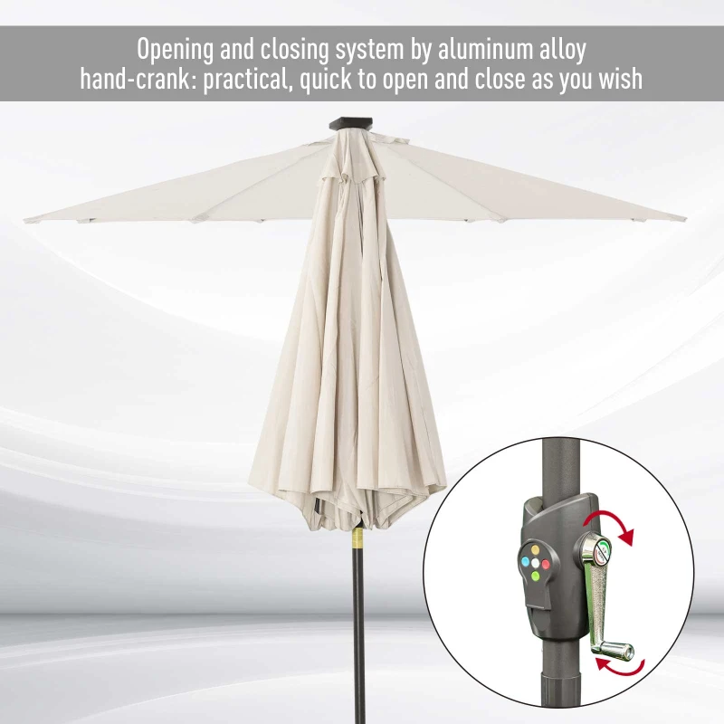 Outsunny Φ2.7m Garden 24 LED Light Parasol Solar Outdoor Tilt Sun Umbrella Patio Club Party Event Manual Sun Shade w/ Hand Crank and 8 Ribs, Off-white