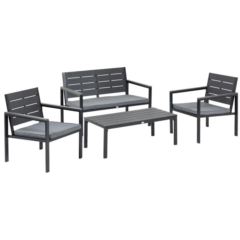 Outsunny Conjunto de Muebles de Jardín 4 Piezas Mesa de Centro Banco de 2 Plazas y 2 Sillas con Cojines Desenfundables y Marco de Metal HDPE para Terraza Exterior 113x65x78 cm Gris