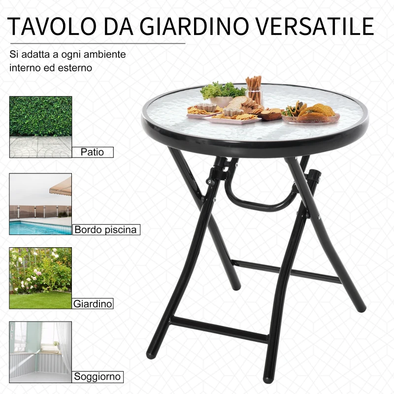 Outsunny Tavolo da Giardino Pieghevole in Metallo, Tavolino da Giardino Piccolo con Ripiano in Vetro e Blocco di Sicurezza, Φ45x50cm Nero