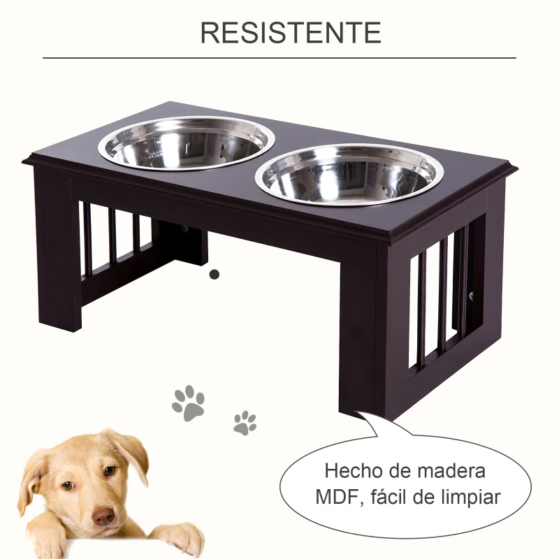 PawHut Comedero Elevado para Perros con Soporte y 2 Cuencos Extraíbles de Acero Inoxidable Alimentador para Mascotas Alimento y Agua 58,4x30,5x25,4 cm Marrón