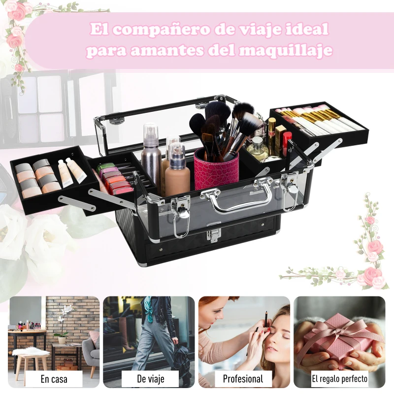 HOMCOM Maletín de Maquillaje Bisutería Organizador Cosméticos Portátil Múltiples Niveles Con Asa y Bandejas Desplegables Aleación de Aluminio 30x18,5x22 cm Transparente y Negro