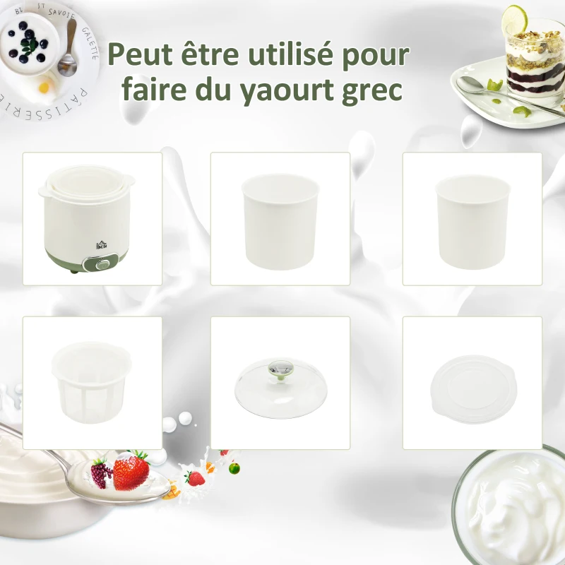 HOMCOM Yaourtière électrique avec 2 récipients de 1,5L filtre pour yaourt grec et 2 couvercles, puissance 20W blanc