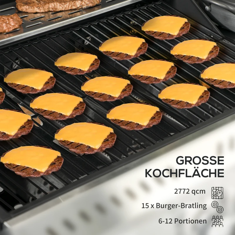 Outsunny Gasgrill BBQ-Grill, 4 Hauptbrenner, 1 Seitenkocher, 1 Warmhalteplatte; 135 x 53 x 101cm, Dunkelgrau
