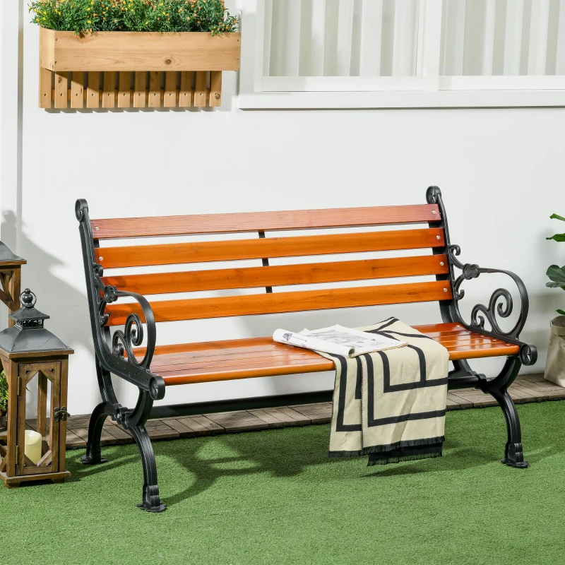 Outsunny Sitzbank für 2 Personen, dekorative Armlehnen, für Garten & Terrasse, Gussaluminium+Naturholz, 120 x 64 x 79 cm, Teak