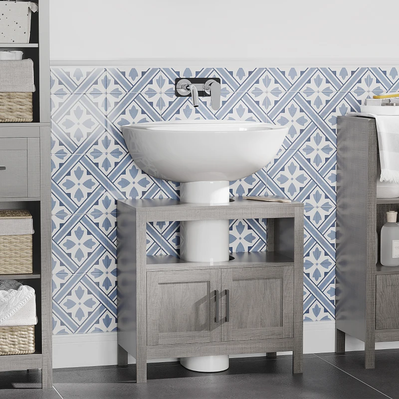 kleankin Meuble sous lavabo meuble sous évier meuble de salle de bain sous lavabo avec 2 portes et étagère - 60 x 30 x 60 cm - gris