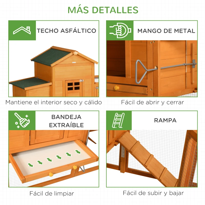 PawHut Gallinero de Madera Grande para 3-6 Gallinas con Techo Asfáltico Nido y Bandeja Extraíble 297,5x68x118 cm Natural(m-7)