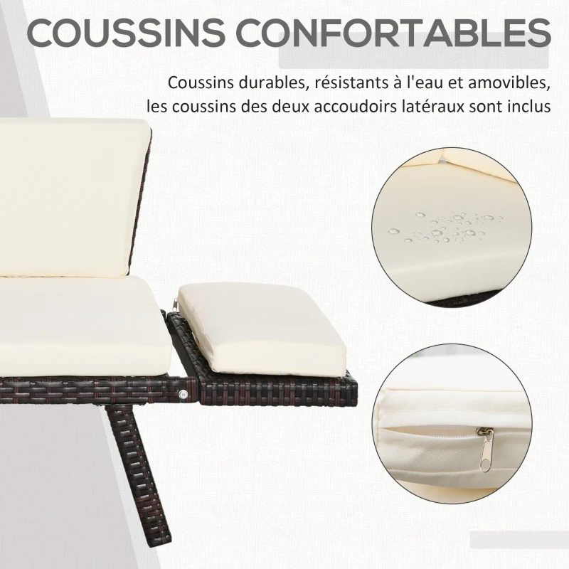 Outsunny Canapé lit de jardin extensible 3 places grand confort 4 coussins écru inclus résine tressée imitation rotin chocolat