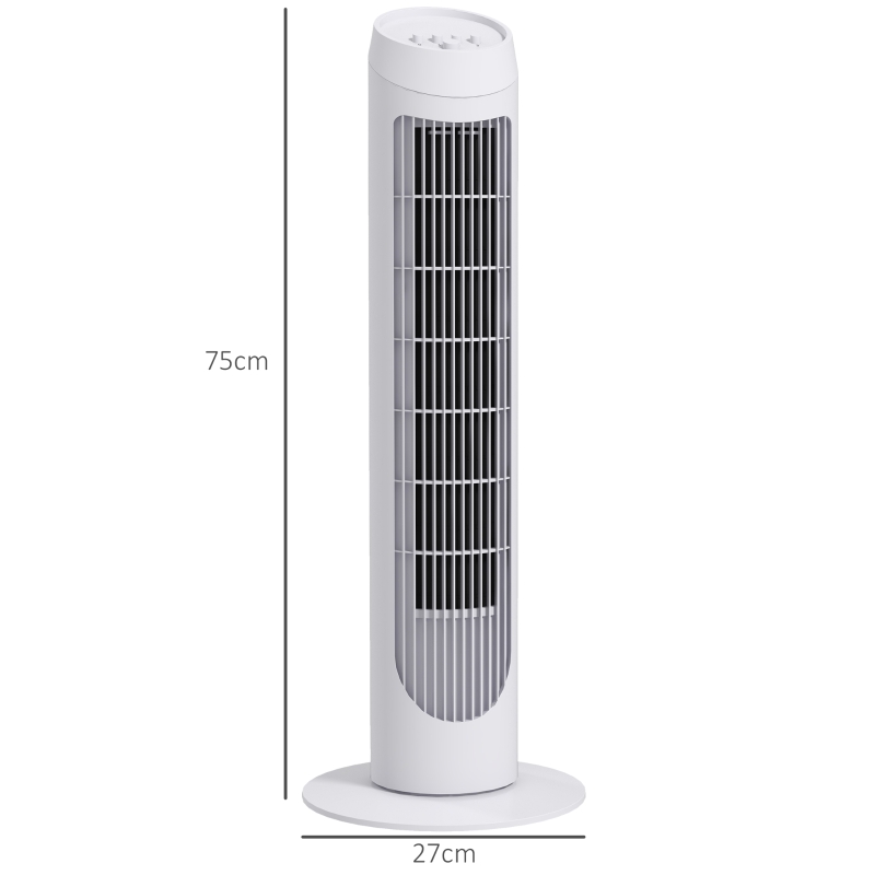 HOMCOM Ventilador de Torre 45W Ventilador Vertical Silencioso con 3 Velocidades Oscilación 70° para Salón Ø27x75 cm Blanco